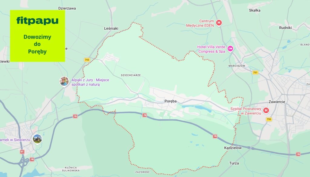 Poręba - mapka - Fitpapu dowozi diety pudełkowe do Poręby i okolic
